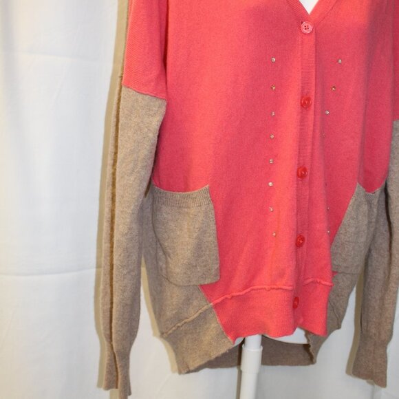 Garnet Hill Women’s Colorblock Cashmere Cardigan Size Medium Coral Pink and tan - Picture 4 of 16